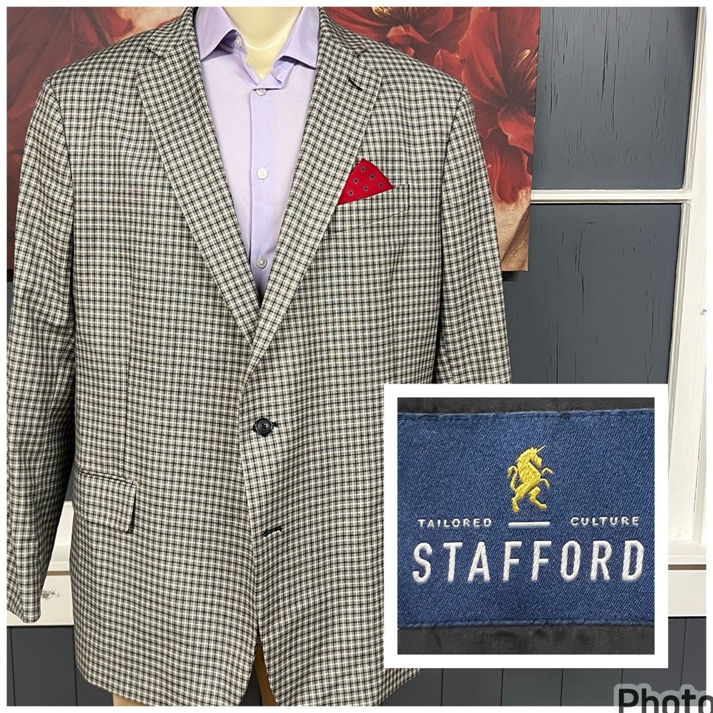 Stafford Blazer Sport Coat Mens 52R Polyester Blend Stretch Gray/white/Black